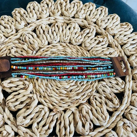 Multi Strand Glass Bead Handmade Bracelet with Monkey Pod Wooden Clasp - Picture 2 of 3